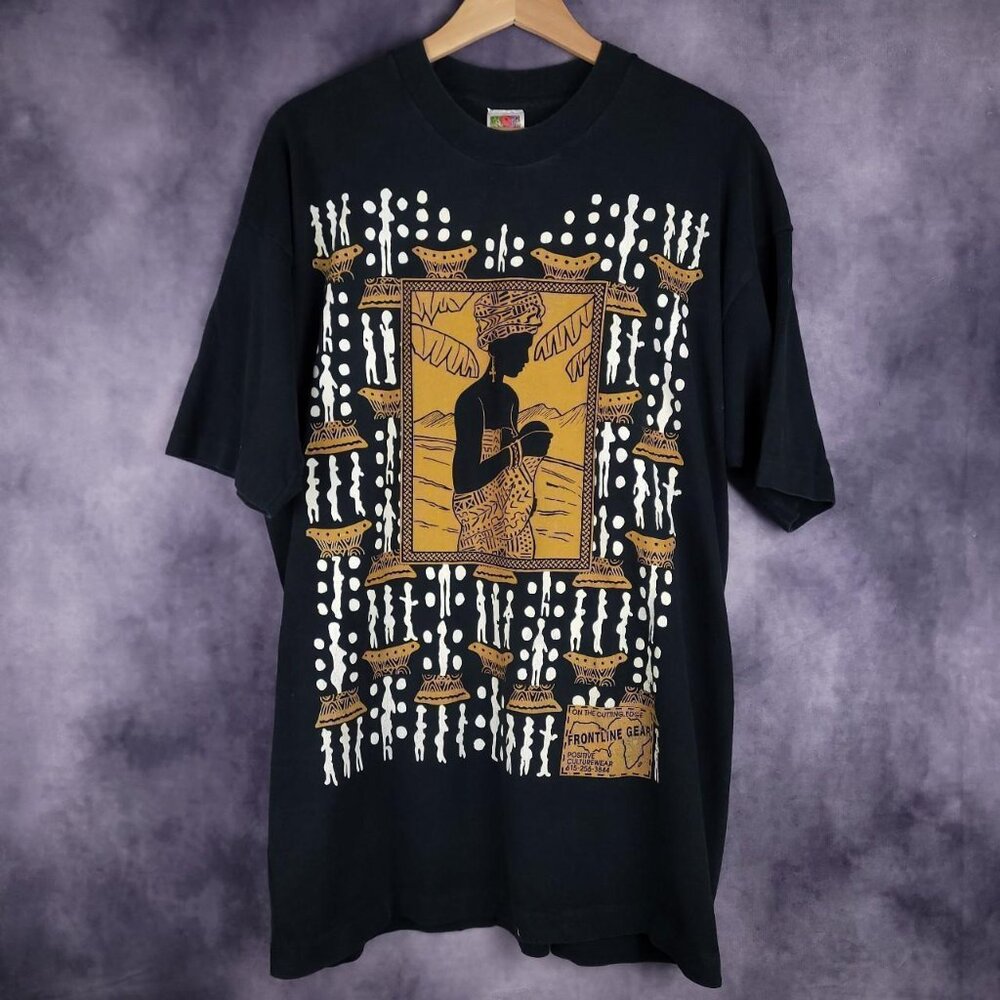 Vintage 90s Frontline Gear abstract African woman black culture faded shirt